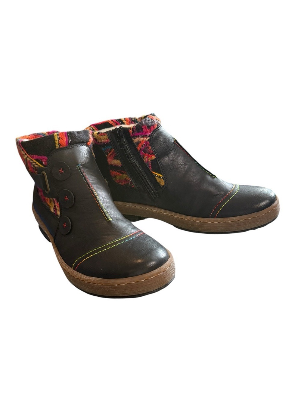 Rieker Black Leather Ankle Boots Faux Fur Lined Colorful Stitching US 11 NWT - Picture 12 of 13
